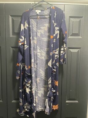 LuLaRoe Navy Aztec Open-Front Duster with Orange and Cream Accents